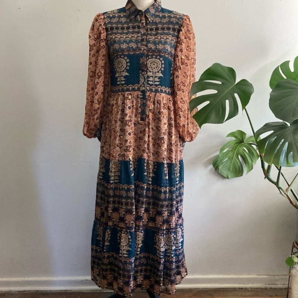 Revolve Aureum boho long dress paisley pront 3/4 length sleeves size xsmall